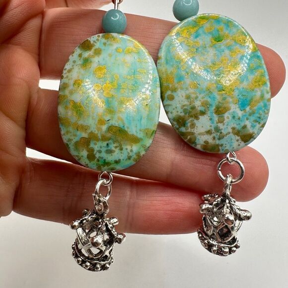 SALE! 3” dangle earrings with painted acrylic beads, stone, and crown charms! - Picture 8 of 13